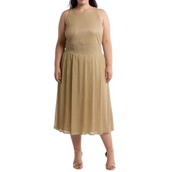 NWT Marina 2X Gold Dress Shimmer A-Line Midi Cocktail Formal Wedding‎ Holiday - Picture 1 of 11